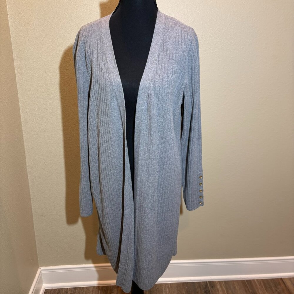 Talbots Gray Duster Sweater Open Front Long Button Sleeves Cardigan